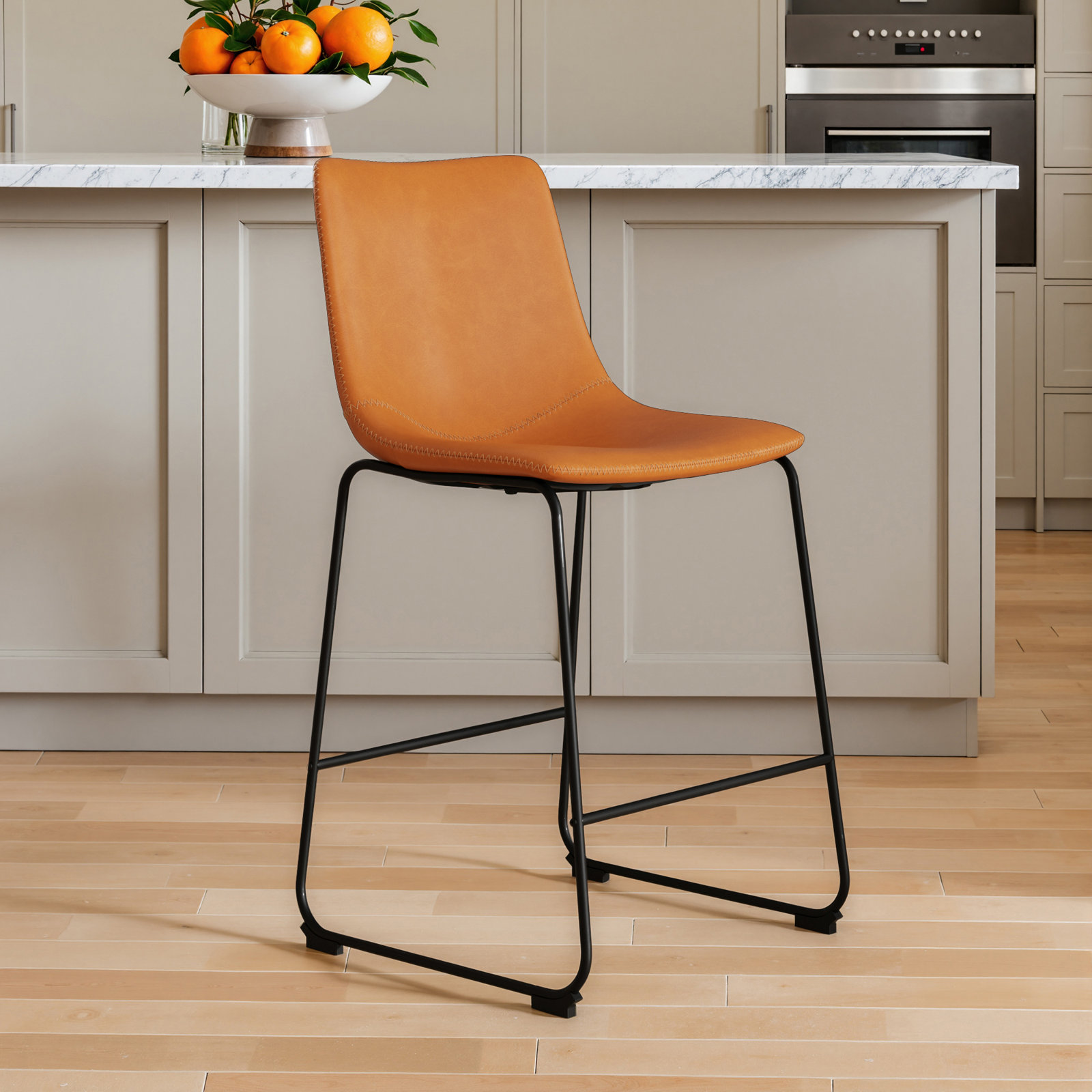 Nia Vegan Leather Bar & Counter Stool, Counter Stool (24" Seat Height), Light Brown, Black
