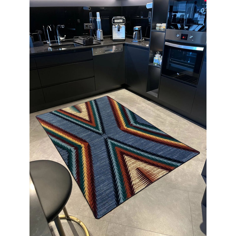 Yueps Digital Print Carpet Navy Blue Color Chevron Design Polypropylene Cotton Area Rug