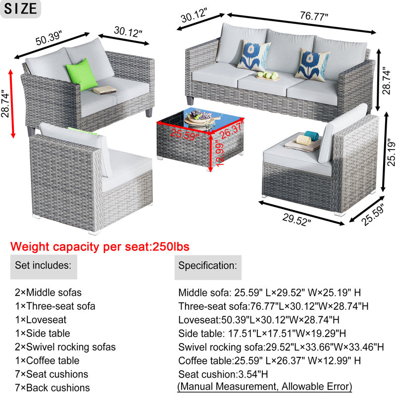 7 - Person Patio Conversation Set with Cushions, Gray