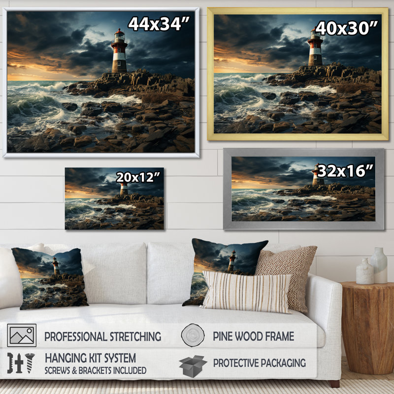 Bord de mer majestueux phare I, reproduction d'art sur toile, H 34 po x l 44 po x P 1,5 po, Cadre photo noir