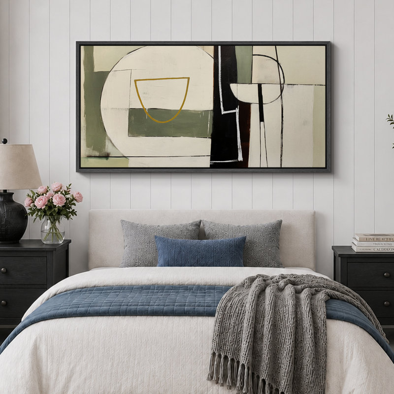 «Mid Century Shape Abstract Geometric Shapes», reproduction encadrée sur toile, H 30 po x l 60 po, Noir, noir, noir, noir