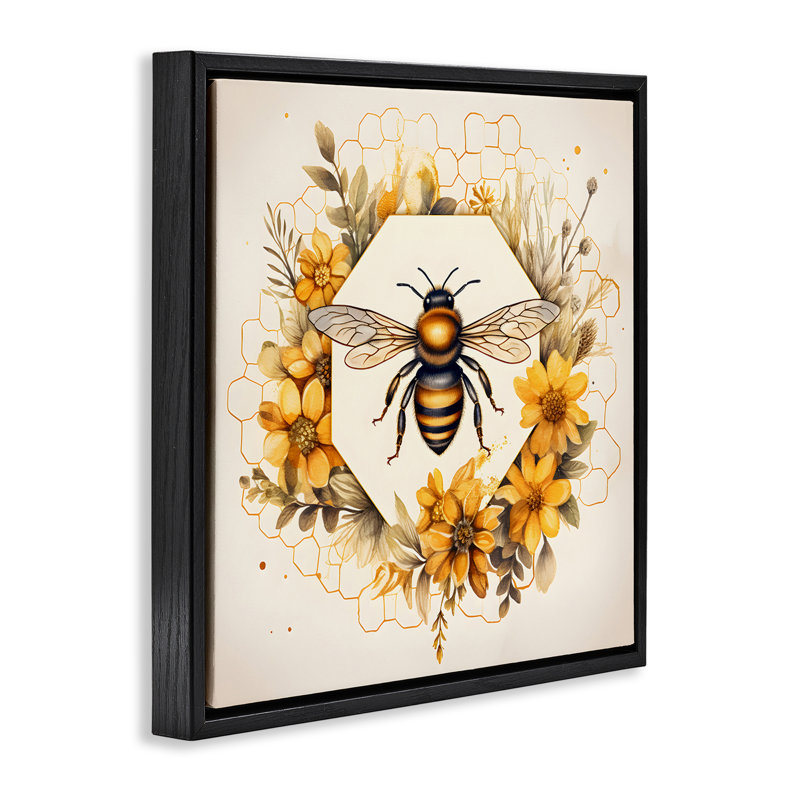 «Hexagon Bee Wreath», art mural encadré flottant par Petal Prints Design, Cadre flottant noir de jais, H 18 po x l 18 po