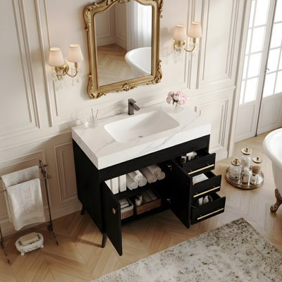 Meuble-lavabo sur pied 36 po avec lavabo en céramique et comptoir en marbre