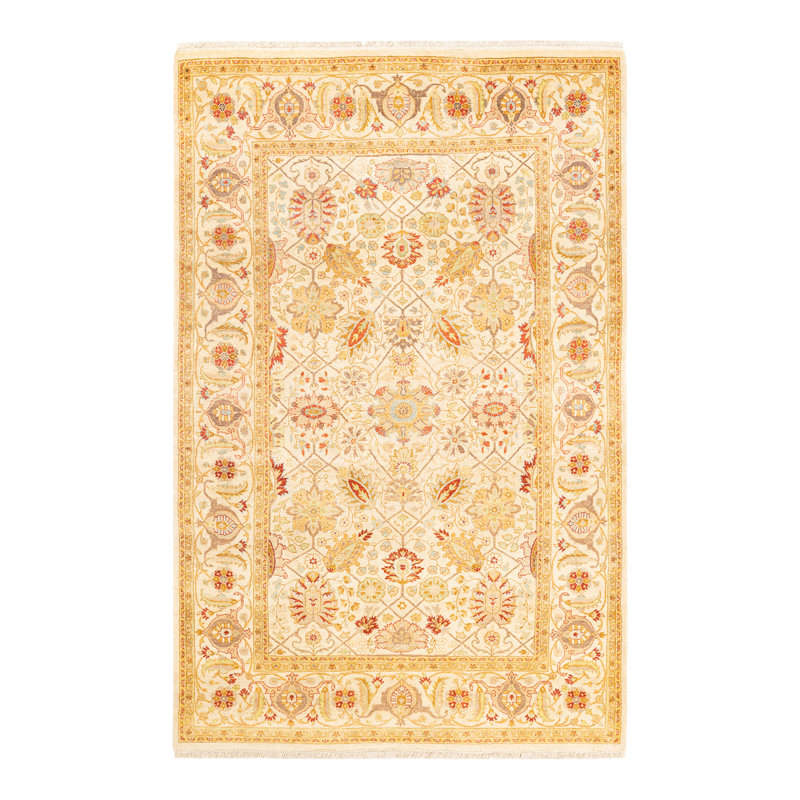 Tapis unique noué à la main ivoire / rouge / brun Turenne Mogul 4 pi x 6 pi 3 po
