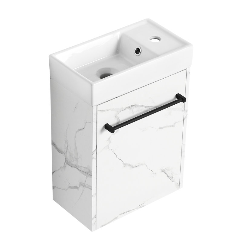 Meuble-lavabo flottant 16 po avec lavabo en céramique. Porte d'armoire à fermeture en douceur pour les petites salles de bain. Style moderne. Blanc. Salle de bain spacieuse. Porte.