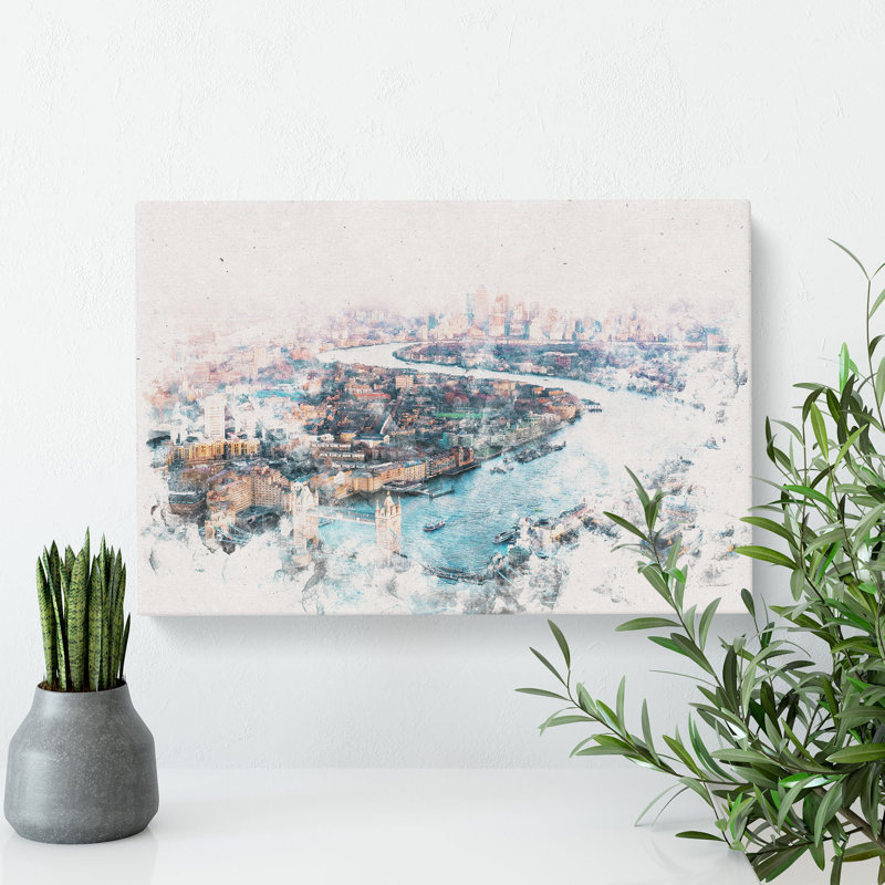 River Thames & London Skyline Watercolour - Wrapped Canvas Print, 35cm H x 50cm W x 3cm D