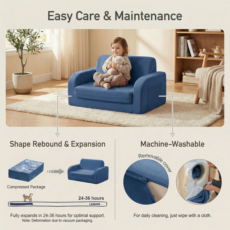 3-in-1 Convertible Kids Couch, Flip Open Lounger & Sofa Bed, Machine-Washable, Blue