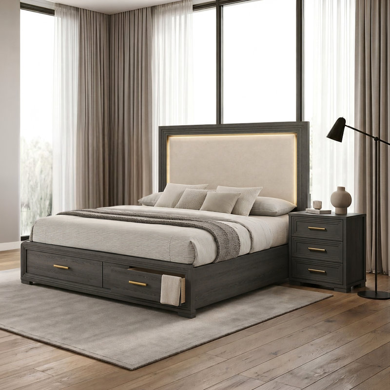 Ensemble de chambre avec lit tapissier Liora, Deux articles : lit, table de chevet, Gris anthracite, Très grand lit