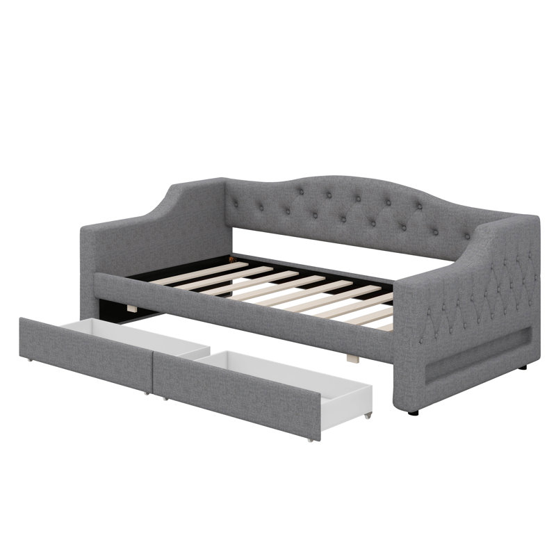 Twin XL Daybed Adorned With LED Lighting And Dual Drawers, Gray
