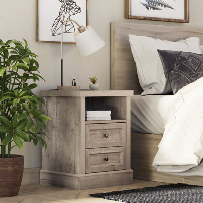 Farmhouse Nightstand With Charging Station, 2 Drawers And Open Shelf, Light Gray