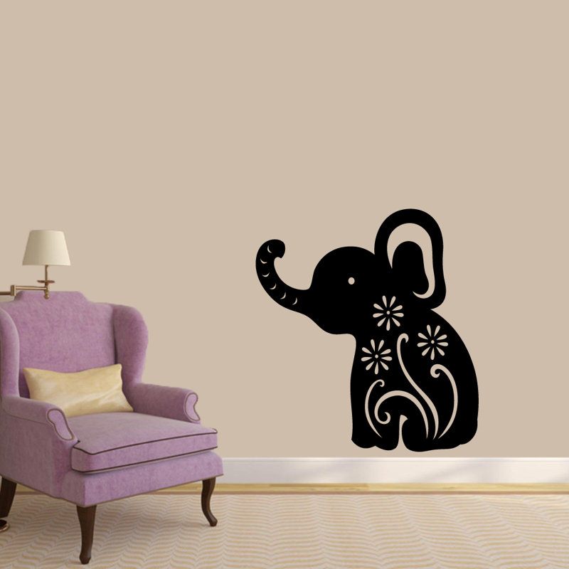 Décalcomanie murale éléphant floral, Noir