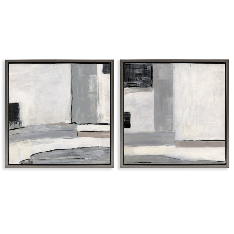 Ensemble de 2 toiles flottantes industrielles abstraites à motif géométrique gris par Sally Swatland, H 18 po x l 18 po
