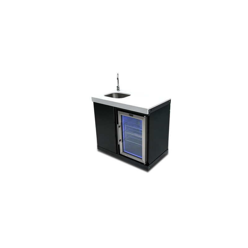 Mont Alpi 38"W x 23"D x 46"H Black Stainless Steel Outdoor Beverage Center Module with 2.7 Cu Ft Glass Door Refrigerator + Faucet & Sink Combo + Storage Cabinet + Granite Countertops + Temperature Control + Adjustable Shelves + Blue LED Ambient Lighting