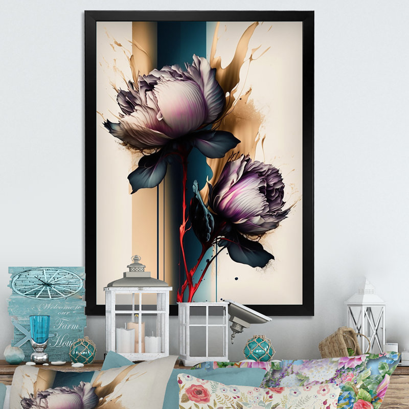 Red Peony Flower on Abstract III - Impression sur toile, Cadre photo noir, H 20 po x l 12 po x P 1 po