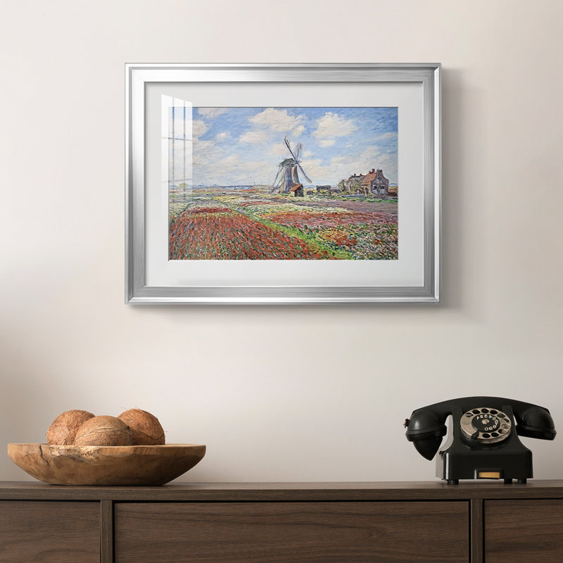 Tulip Fields with the Rijnsburg Windmill-Claude Monet - reproduction d'art encadrée avec passe-partout et verre - 1886