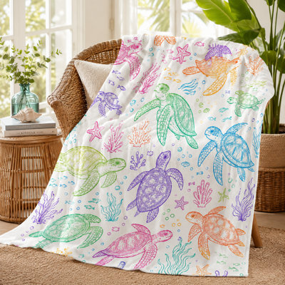 Colorful Sea Turtle Throw Blanket with Ocean Animal Pattern, Marine Life Flannel Blanket Featuring Coral Reef Fish Starfish and Coastal Artwork, 40 x 50 in