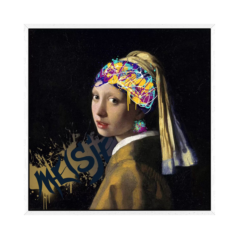 Girl With A Pearl Earring -Girl With The Graffitied Earring by 5by5collective - Print on Canvas, White Framed