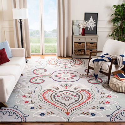 Tapis bleu / orange / gris clair en laine touffeté à la main Haryson