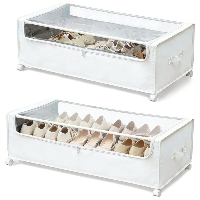 Rolling Under Bed Storage with Wheels and Metal Frame, Heavy-Duty Shoe and Clothes Storage with Clear Lid, 2Pack (White)