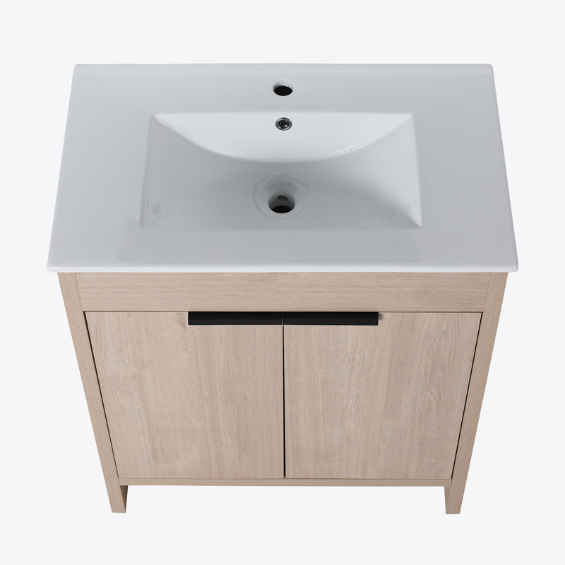 Meuble-lavabo autoportant avec lavabo en céramique blanche et 2 portes d'armoire à fermeture en douceur