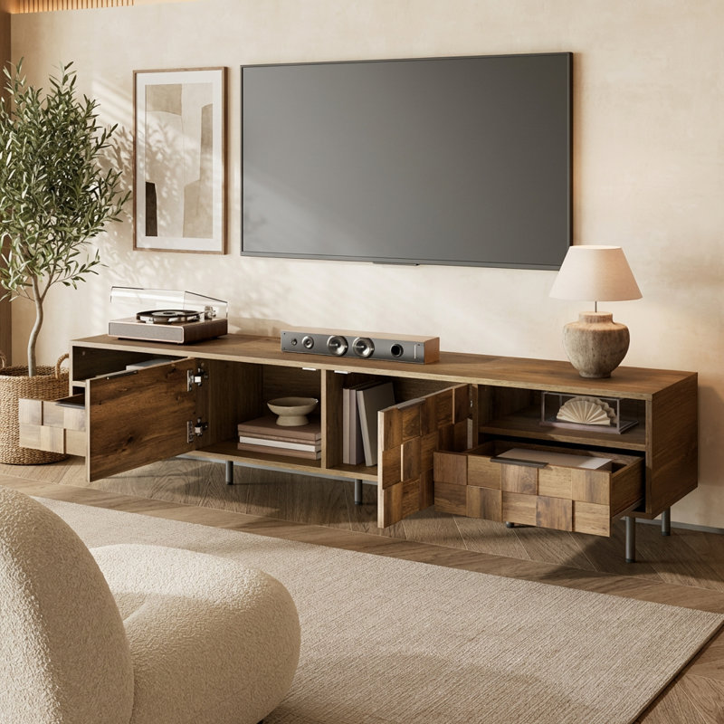 Meuble audio-vidéo Mid-Century avec rangement pour téléviseurs de 85 po ou moins, console multimédia avec tiroirs et armoires
