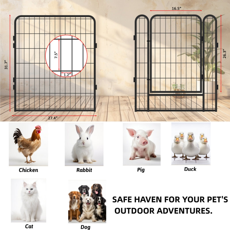 Enclos d'exercice en fer 8 panneaux avec porte pour animaux, H 31,7 po x l 53,94 po x P 53,94 po