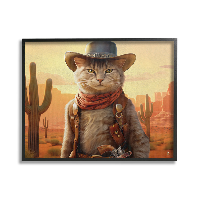 «Cowboy Sheriff Cat», art de la giclée encadrée par Michael David Ward, H 24 po x l 30 po, Giclée encadrée noir minuit