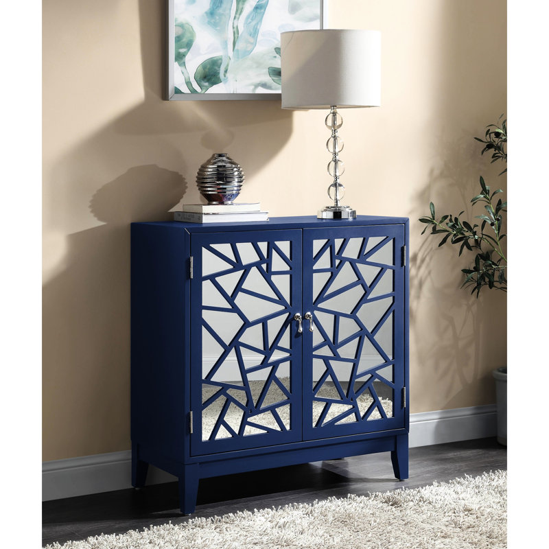 Console bleue au look de style design - 2 portes de rangement, bois composite, plateau de table de 18 mm d'épaisseur, table d'appoint rectangulaire avec attrape magnétique