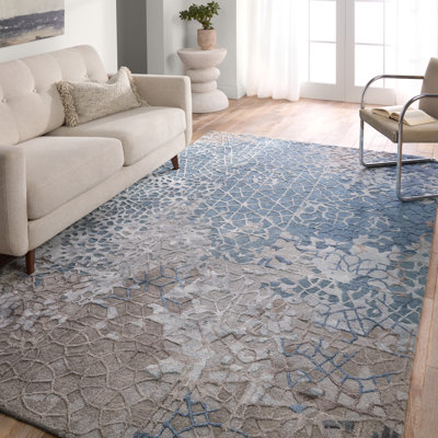 Tapis rectangulaire bleu / gris en laine / viscose touffeté à la main