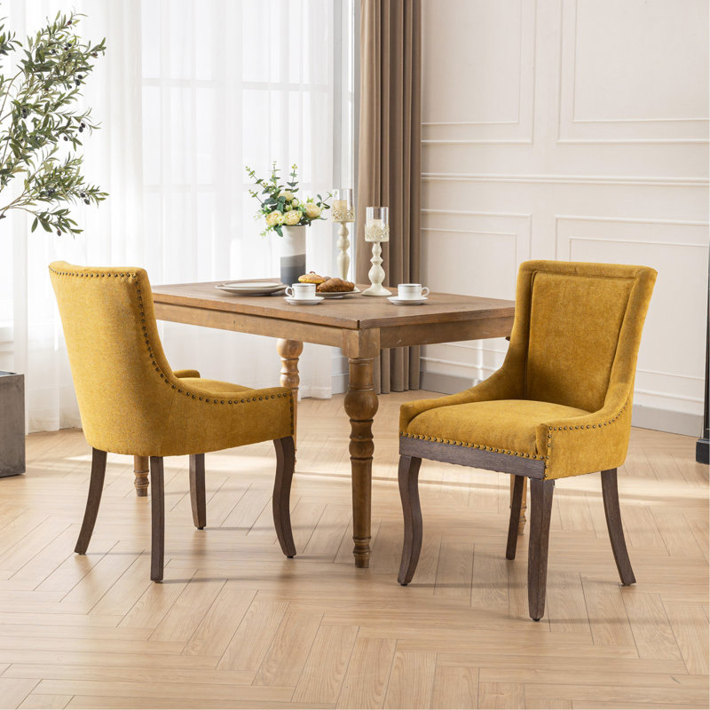 A&a furniture ultra side dining chairs | set of 2 | thickened fabric, solid wood legs | bronze nailhead, Yellow, Brown