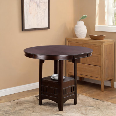Table de salle à manger ronde à hauteur de comptoir avec rangement ouvert et rallonge amovible, 4 places, bois massif brun ton de bois, 42 pouces, pour la cuisine ou le coin-repas