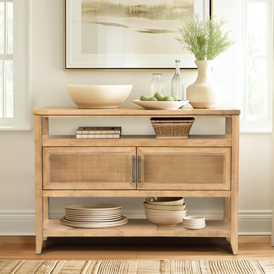 Console Table With Warm Toasted Almond Finish, 2 Natural Cane Doors, And Enhanced Storage Capacity Doors Ample Storage, For Contemporary Homes