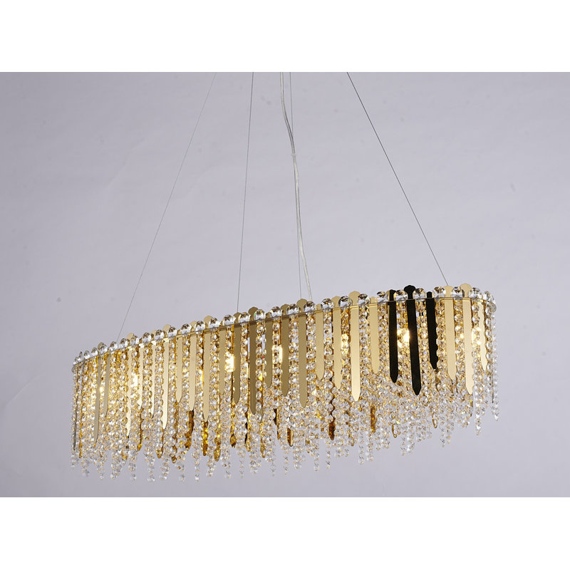 Lustre 16 lumières en acier inoxydable doré avec perles de cristal transparentes
