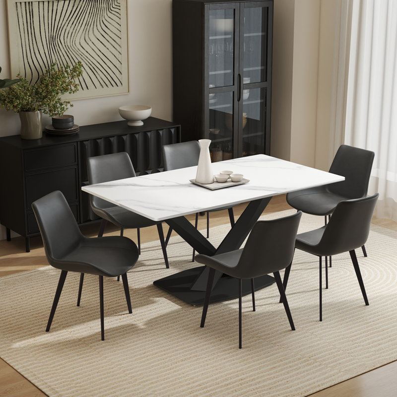 Ensemble de table de salle à manger 7 pièces 7 pièces avec 6 chaises en similicuir, Blanc neige