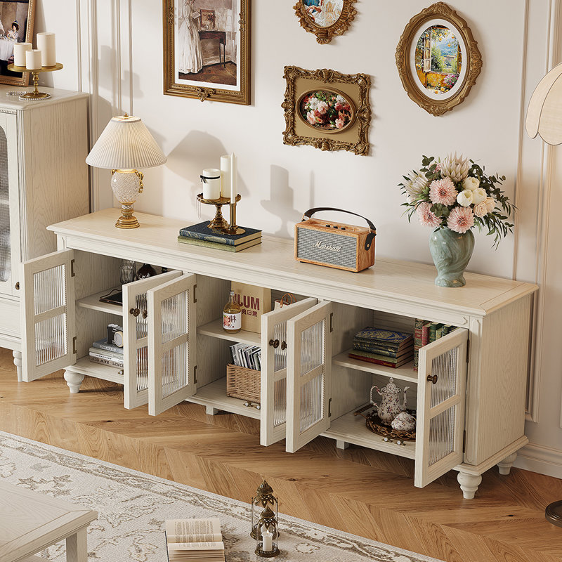 Meuble télé en bois de frêne avec armoires en verre nervuré, H 28,34 po x L 94,48 po x l 15,75 po
