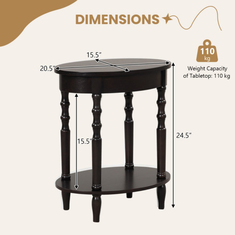 Table d'appoint ovale à 2 niveaux avec tablette de rangement et pieds en bois massif, Espresso