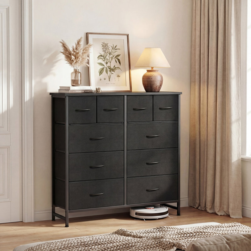 Tall 10-Drawer Fabric Dresser with Cabinet, Metal Frame Storage Tower for Bedroom, Closet, Entryway, Black