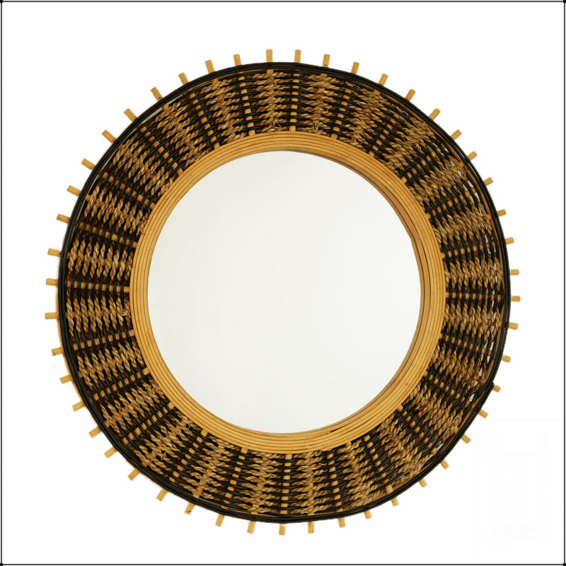 Miroir mural rond 23 po en bambou Echo avec cordes de chanvre jaune clair et noir, écologique et polyvalent