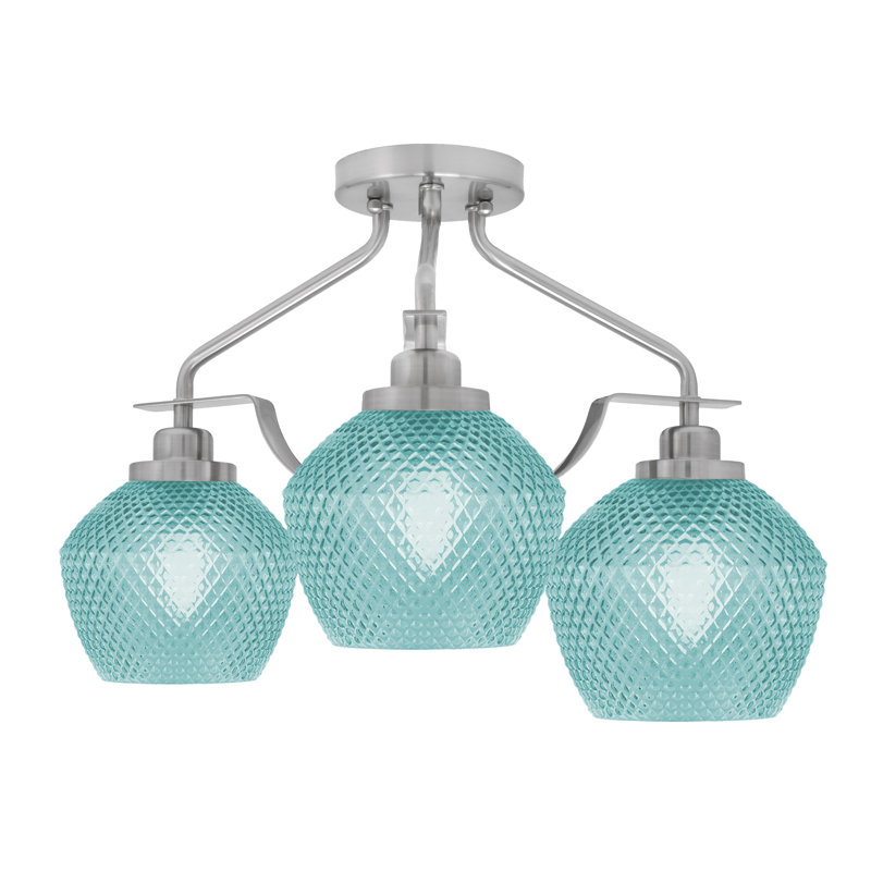 Scituate 3 lumières semi-encastrées en nickel brossé, verre turquoise 6 po, Nickel brossé, Bleu
