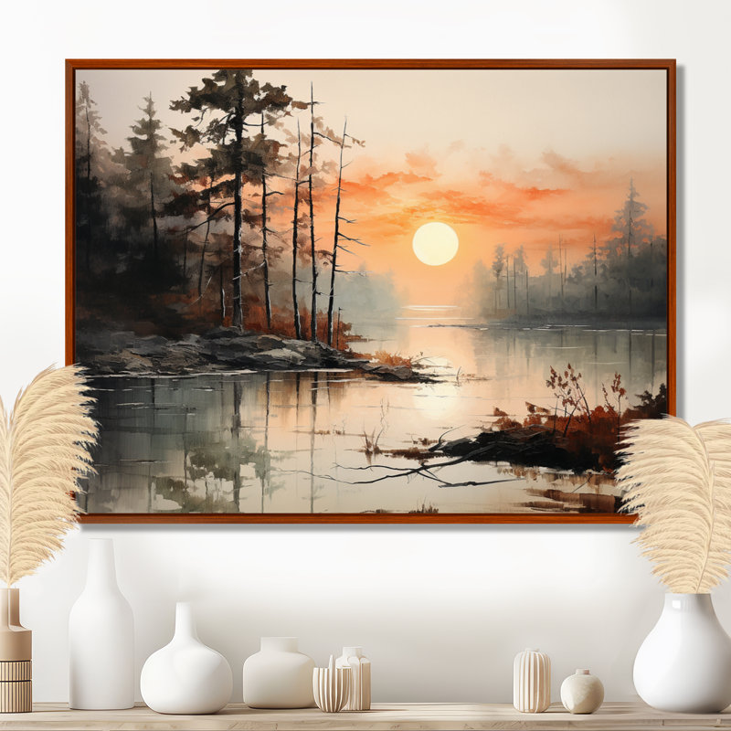 «Lake Misty Morning Reflections I - Lakes Lakehouse», art mural sur toile, H 16 po x l 32 po x P 1 po, Cadre flottant brun