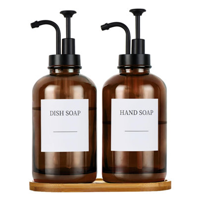Distributeur de savon en verre avec pompe, distributeur de savon à main et à vaisselle pour ensemble de salle de bain de cuisine, ensemble de 2 distributeurs en verre transparent avec plateau de bambou de 18 autocollants