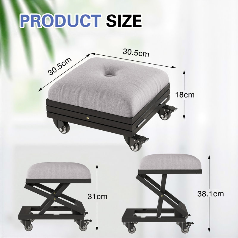 Modern Adjustable Height Lifting Foot Stool With Wheels Grey Fabric Ottoman Portable Metal Footstool, Foldable Steel Frame