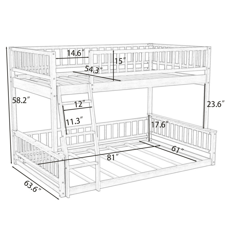 Wood Full XL Over Queen Bunk Bed With Ladder And Guardrails, Gray