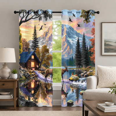 2Pcs Scenic Mountain Cabin Curtains, Nature Landscape Style Curtain, Sunset Forest Elk River Printed Art Grommet Drapes, Window Treatment for Bedroom Living Room Decor