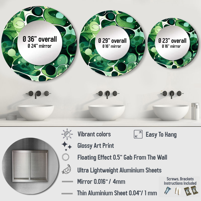 Sharmeta Green Popart Techno Tangles - marble  Decorative Wall Mirror, Green Round Mirror, Printed Metal Art, 29" x 29"