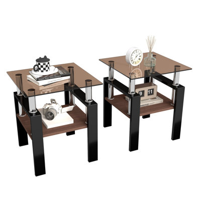 Ensemble de 2 tables à thé modernes en verre trempé, plateau en verre trempé avec panneau de fibres à densité moyenne, table basse, table de bout, table carrée pour le salon, brun / noir