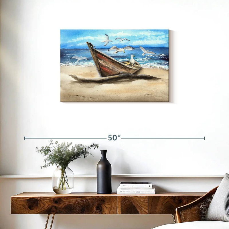 Mouettes et bateau Mehar, H 20 po x l 30 po