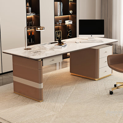 White+Tan Rectangular Stone+Solid + Manufactured Wood+Barenia with 4 drawers desk