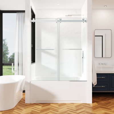 44-49" W  X 66" H Frameless Double Sliding Tub Door with 3/8" (10mm) Clear Tempered Glass, Shatter-Resistant Film & Installation Hole Locator
