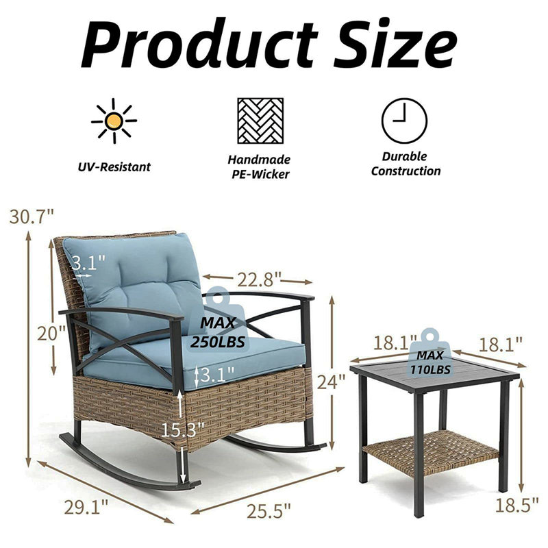 Barbary 3-Piece Brown Rattan Patio Rocking Bistro Set with Blue Cushions